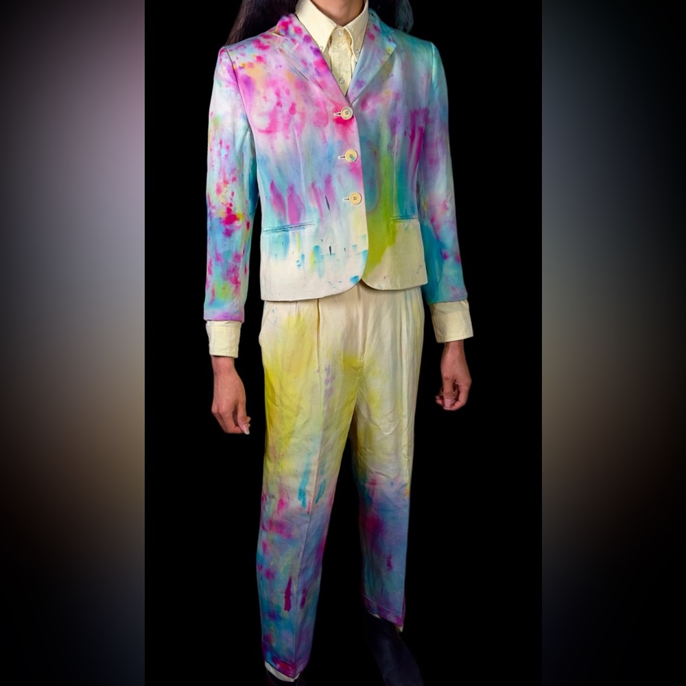 Party Dyed Suit Vintage Painted Blazer Rainbow Boho Jacket Funky Y2K Pants Chic - Picture 8 of 16